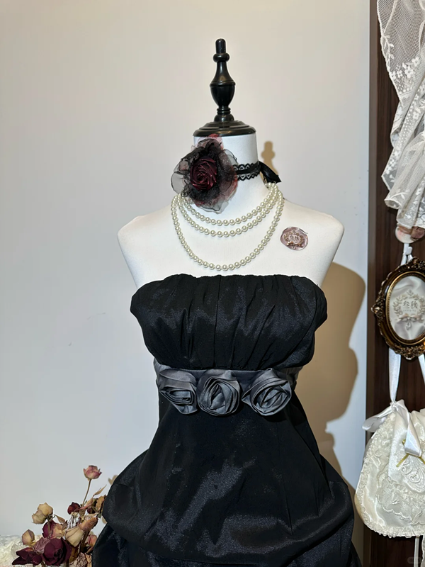 Black tube top waist bud skirt short skirt homecoming dress R4244