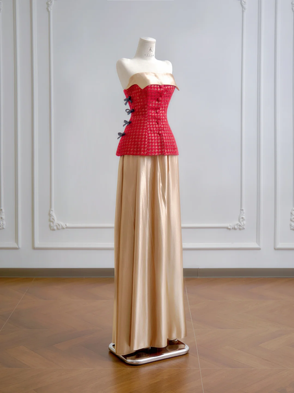 Red strapless fitted top with a gold midi skirt, long ball gown R8184