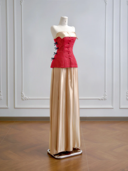 Red strapless fitted top with a gold midi skirt, long ball gown R8184