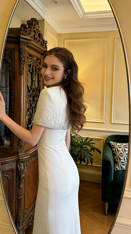 White shawl, sexy, fitted waist, bodycon long ball gown, bridal dress R8600