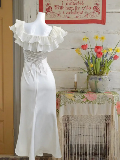 White ruffled neckline slim waist sexy maxi ball gown R6229