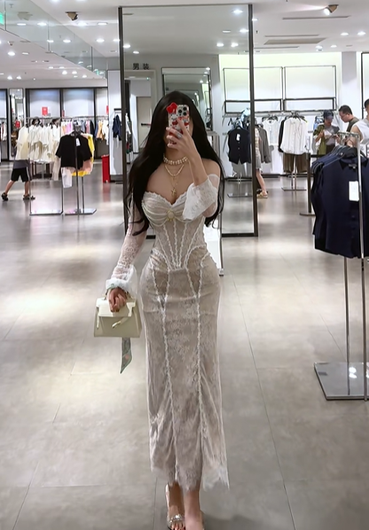 Light brown off-the-shoulder low-cut sexy fitted waist bodycon long ball gown R7894