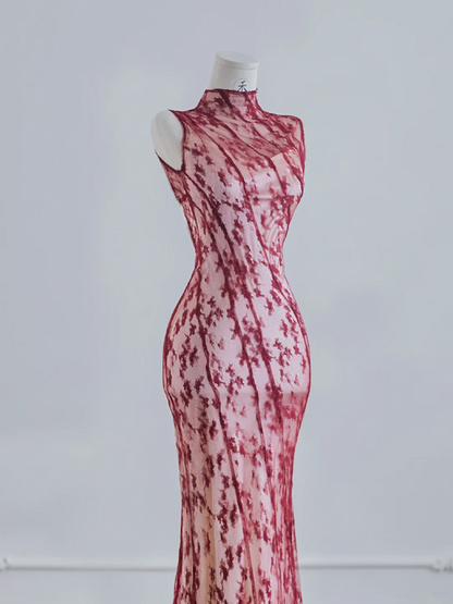 Red lace Chinese-style neckline, fitted waist, bodycon ball gown, bridal gown R8212