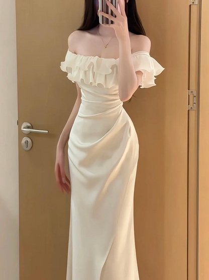 White ruffled neckline slim waist sexy maxi ball gown R6229