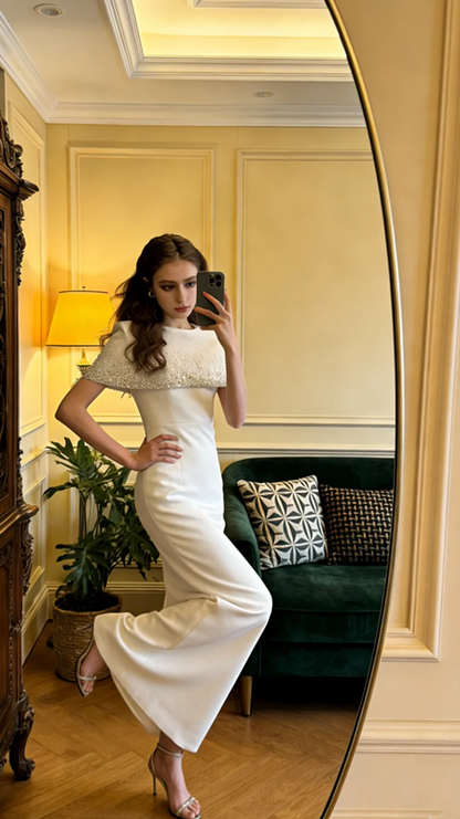White shawl, sexy, fitted waist, bodycon long ball gown, bridal dress R8600