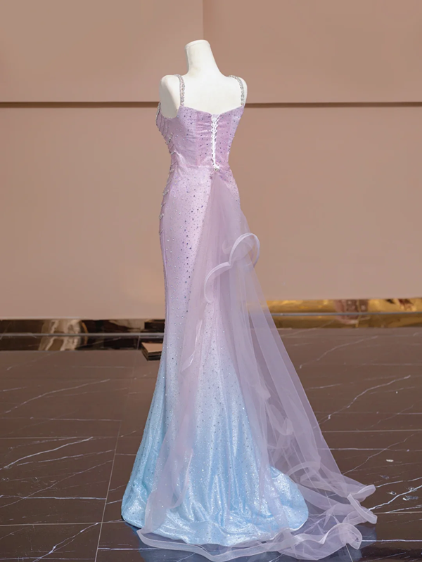 Light pink and blue gradient strapless waist-cinching bodycon sexy prom dress R8355