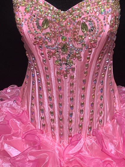 Pink strapless, fitted waist, full skirt, long ball gown R8695