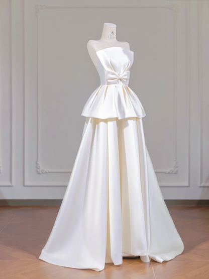 White satin strapless cinched waist ball gown with full skirt, long ball gown/bridal dress R8268
