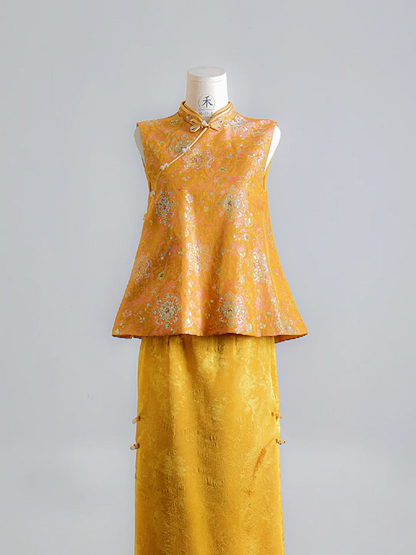 Gold Chinese-style neckline fitted top and skirt set, ball gown, bridal dress R8134