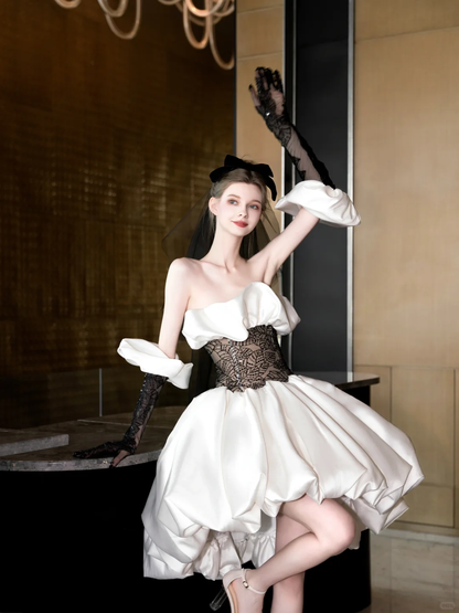 White satin tube top waist black lace sexy high-end elegant skirt short skirt homecoming dress R4205