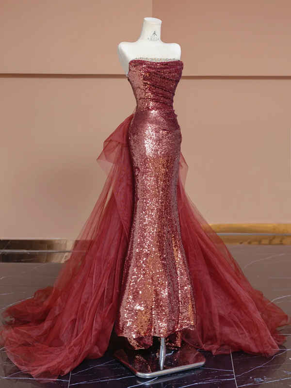 Red sequined strapless fitted waist bodycon long ball gown/bridal dress R8298
