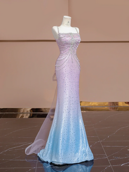 Light pink and blue gradient strapless waist-cinching bodycon sexy prom dress R8355