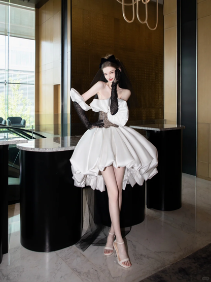 White satin tube top waist black lace sexy high-end elegant skirt short skirt homecoming dress R4205