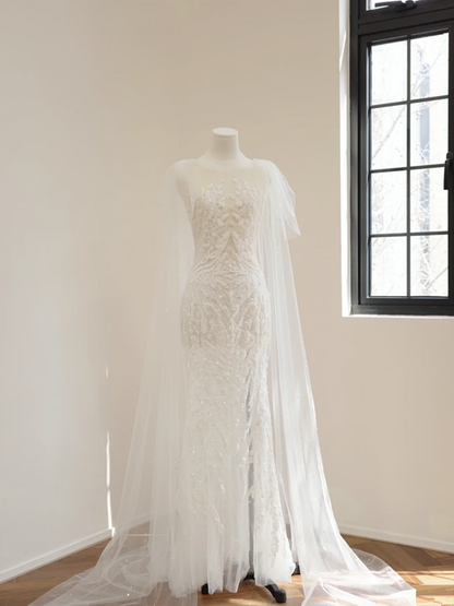 White fitted sequined long ball gown/bridal dress R8503