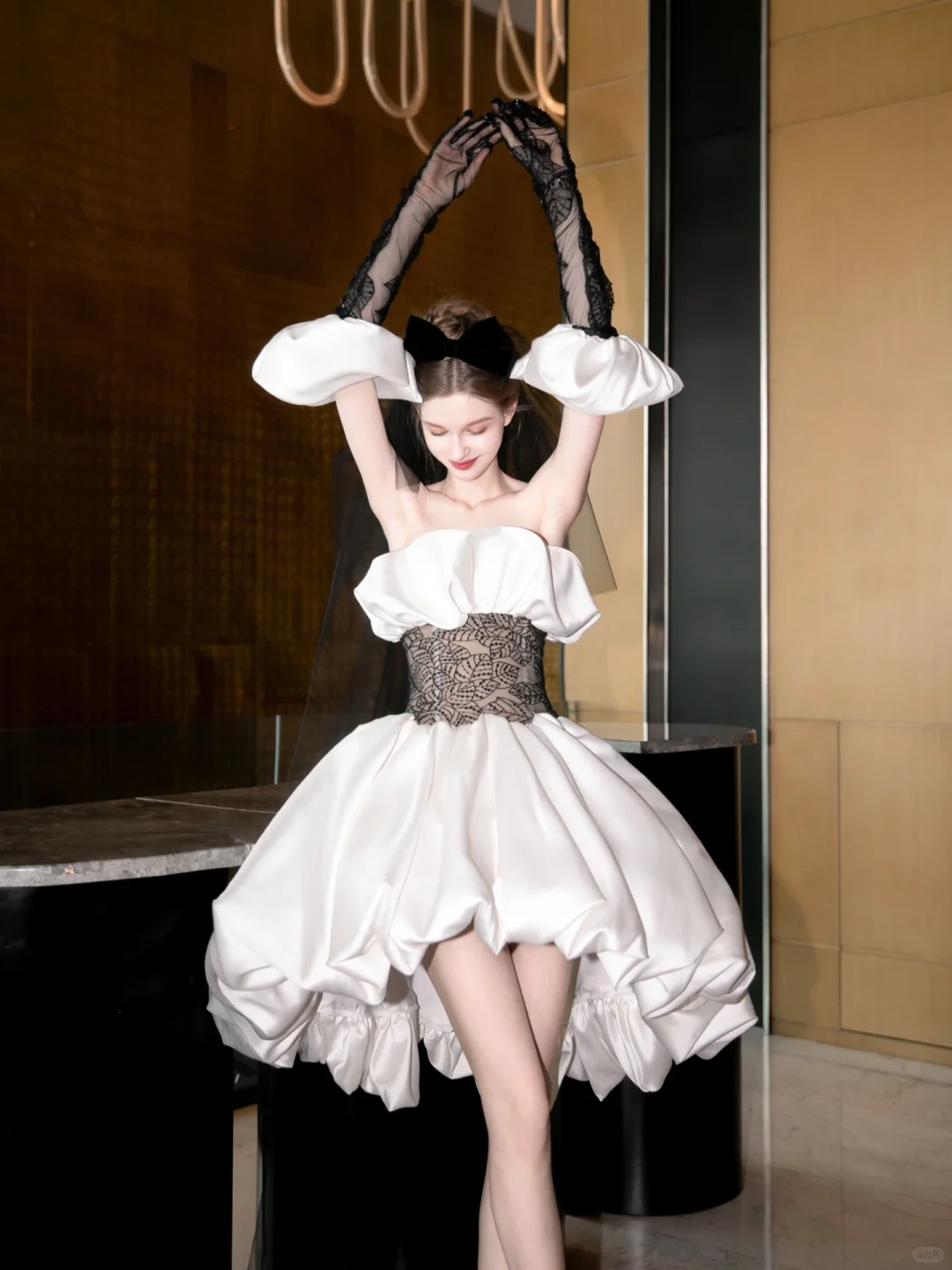 White satin tube top waist black lace sexy high-end elegant skirt short skirt homecoming dress R4205