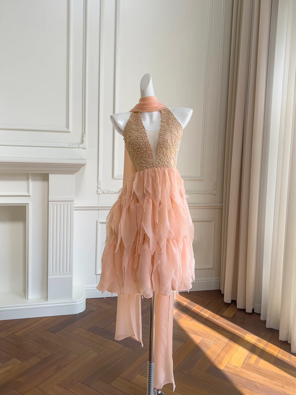 Pink halter neck V-neck waist slim short skirt homecoming dress R5197