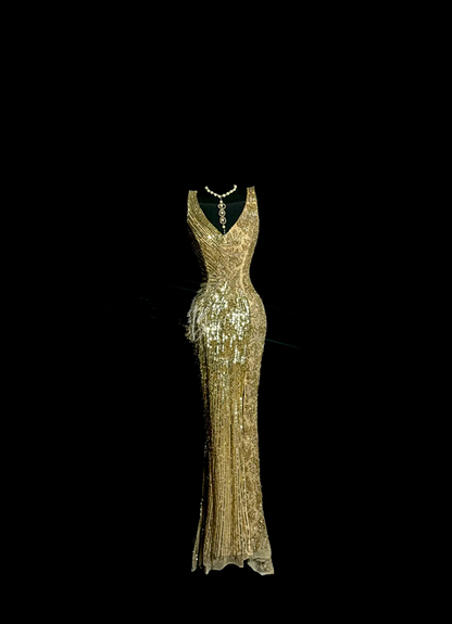 Gold halter-neck beaded fitted waist sexy long ball gown R6628