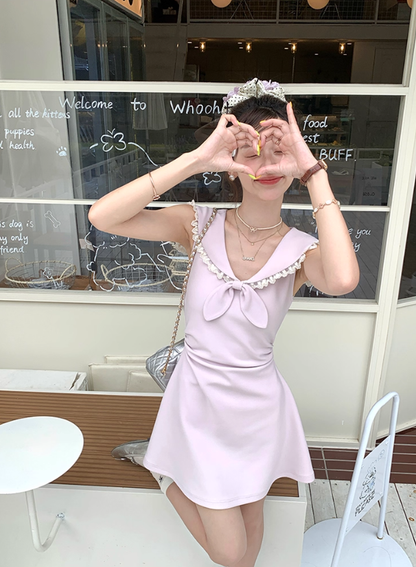 Navy collar bow waist dress summer French fashion temperament skirt R4738