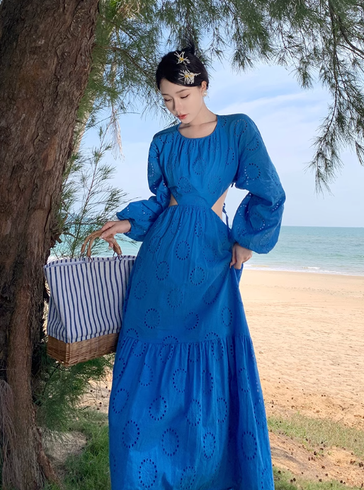 Seaside travel long skirt hollow waist slim embroidery backless long sleeves big swing dress R0186