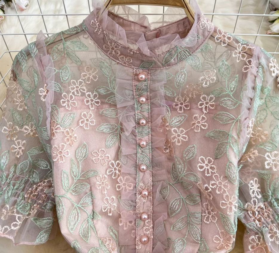 Light luxury heavy work stand collar embroidered lace waist slimming A-line dress long dress R0397