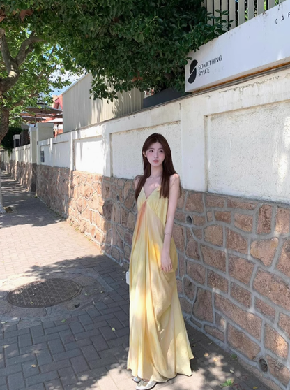 French style seaside holiday long dress with drape and yellow gradient print v-neck suspender dress R0220