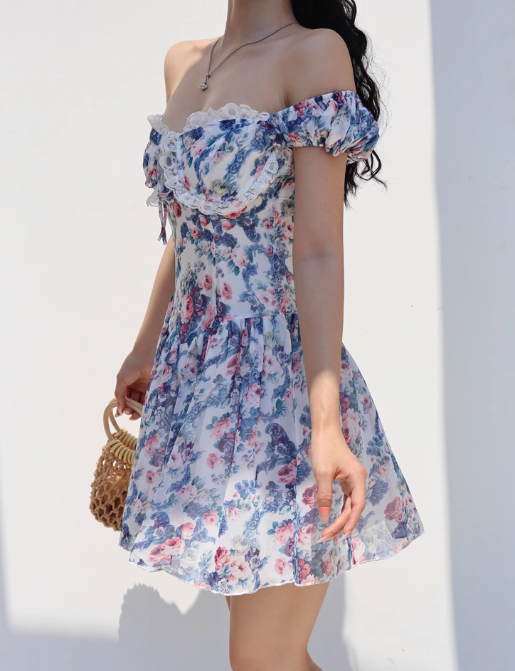 Retro countryside blue floral print dress lace one shoulder vacation skirt R2869