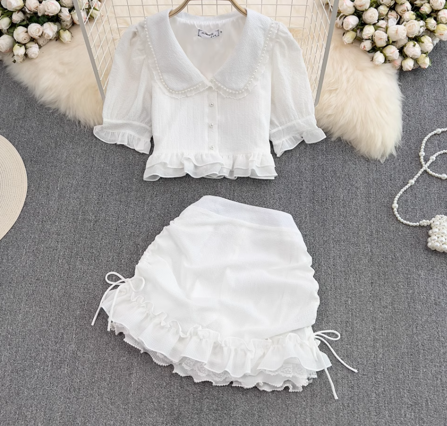 First love girl doll collar ruffled short shirt two-piece suit high waist hip skirt small size R0394