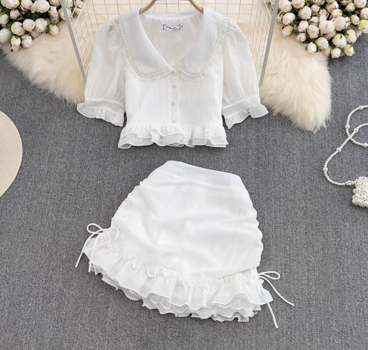 First love girl doll collar ruffled short shirt two-piece suit high waist hip skirt small size R0394