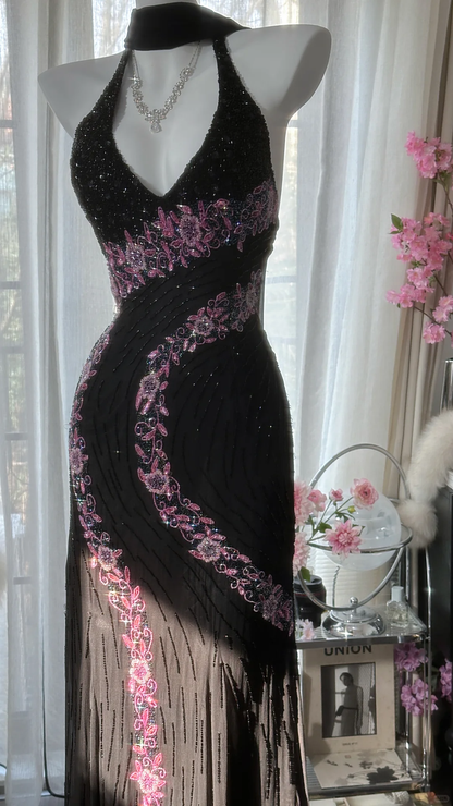 Retro Black V-neck Applique Design Romantic Chiffon Evening Dress Prom Dress  D1509