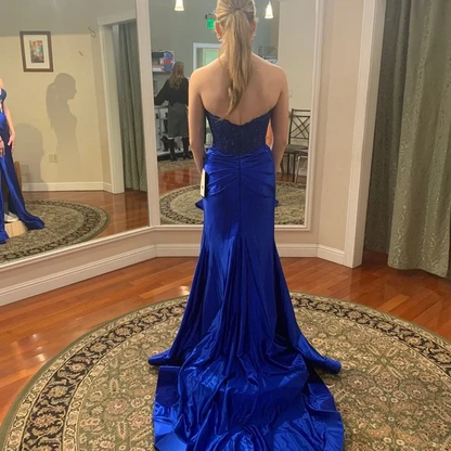 Sexy Red Strapless Sheath Satin Split Long Evening Party Dress Birthday Dress, D771