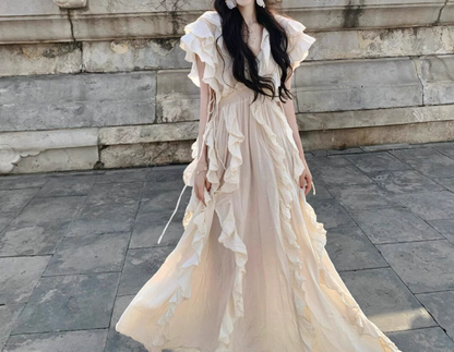 Beautiful little skirt exquisite dress ruffled V-neck waist long skirt R0703