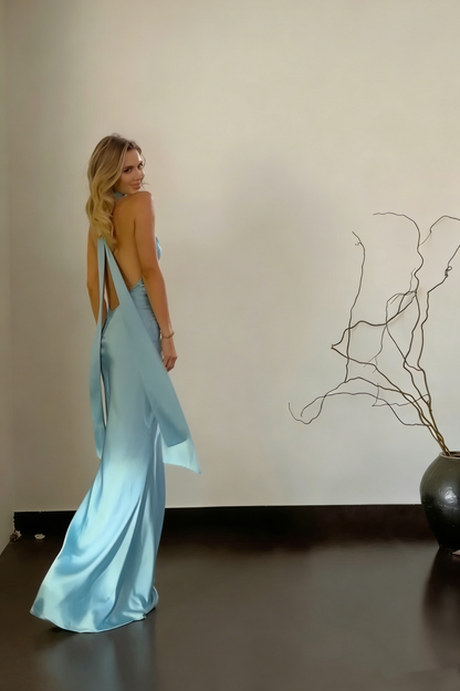 Sexy Blue Halter Mermaid Long Birthday Party Dress Backless Wedding Guest Dress SP1561