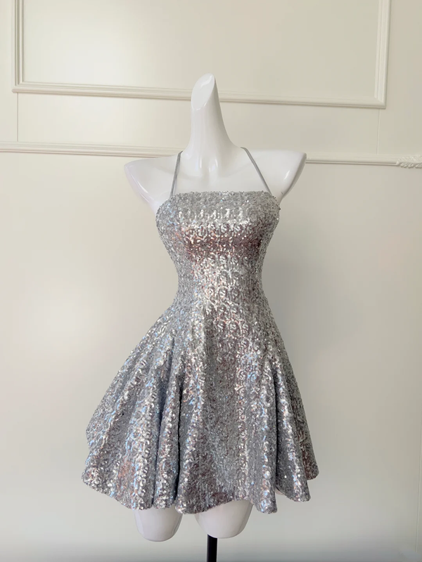 Silver sequined suspenders waist open back sexy A-line mini skirt homecoming dress R5018