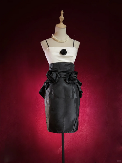 Black suspender skirt, white tube top, waist and hip sexy short skirt, homecoming dress R4977
