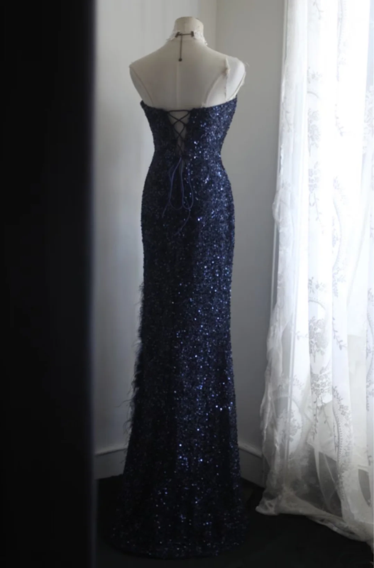 Navy blue strapless, fitted waist, sequined, sexy long ball gown R6788