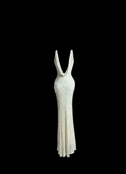 White halter-neck embroidered fitted waist slim hips sexy long ball gown R6629