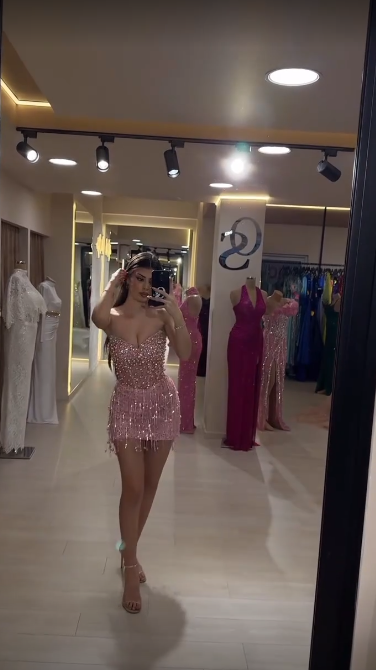 Pink tube top waist glitter diamond sewn beaded hip skirt homecoming dress R5478