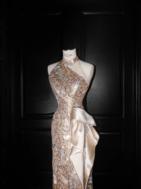 Champagne pink sequined sleeveless waist slim hip long skirt, prom dress R5638