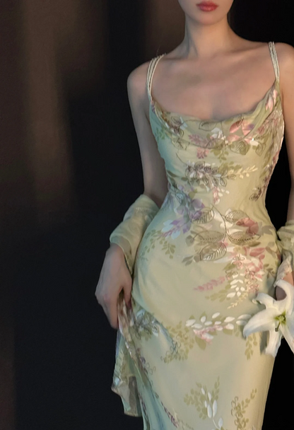 Light green spaghetti‑strap printed waist‑cinched slim‑fit sexy bodycon long prom gown R8014