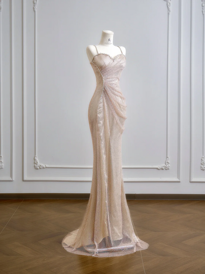 Light champagne-colored halter-neck fitted waist bodycon long ball gown R8185