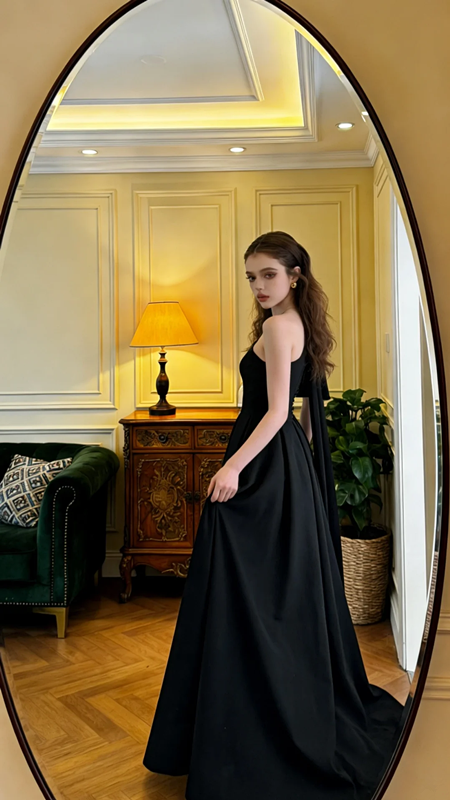 Black one-shoulder, fitted waist, A-line long ball gown R8601