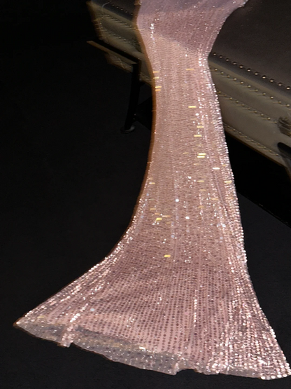 Light pink sequined halter-neck fitted long ball gown/bridal dress R8815