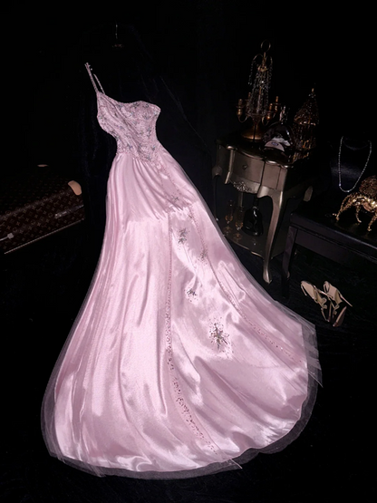 Light pink one-shoulder halter-neck fitted waist elegant fairy long ball gown R6908