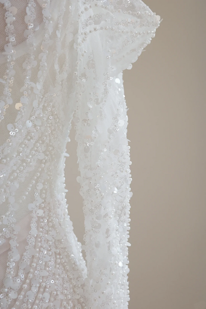 White off-the-shoulder, fitted waist, rhinestone-embellished long ball gown R8474
