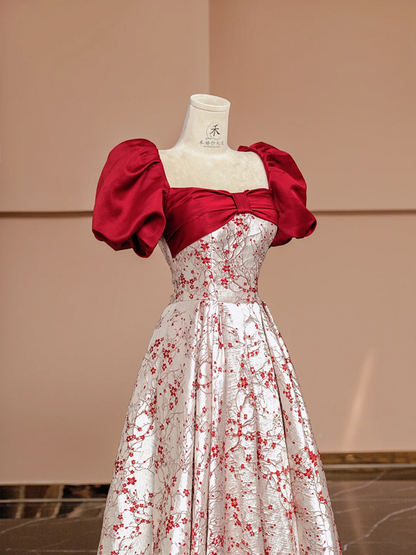 Red square neckline, fitted waist, elegant long ball gown with red floral print; bridal gown R8389
