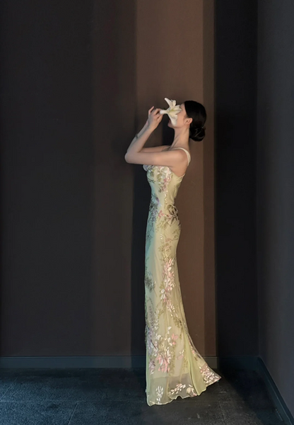 Light green spaghetti‑strap printed waist‑cinched slim‑fit sexy bodycon long prom gown R8014