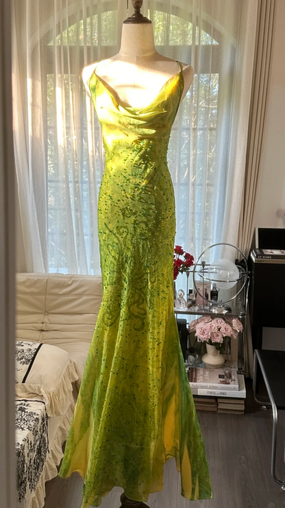 Yellow-green halter-neck, slim-fitting, bodycon long ball gown R7744