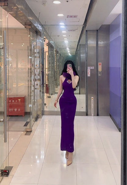 Purple halter-neck sleeveless fitted waist bodycon long ball gown R7895