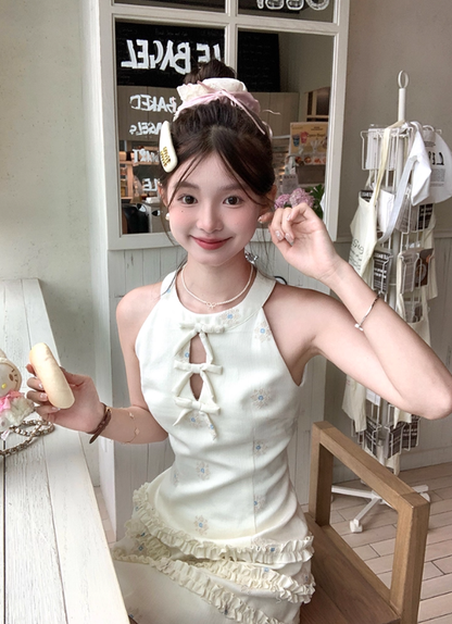 Solid color halter neck sleeveless waist dress for women summer French temperament retro skirt R4747