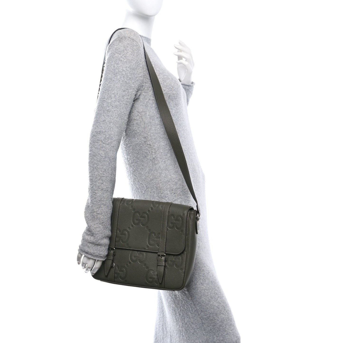 Piuma Calfskin Jumbo GG Embossed Double Buckle Medium Messenger Bag Dark Vintage Olive